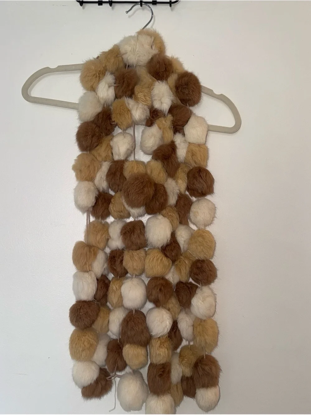 Plush Pom Pom Scarf in Cream, Tan & Brown